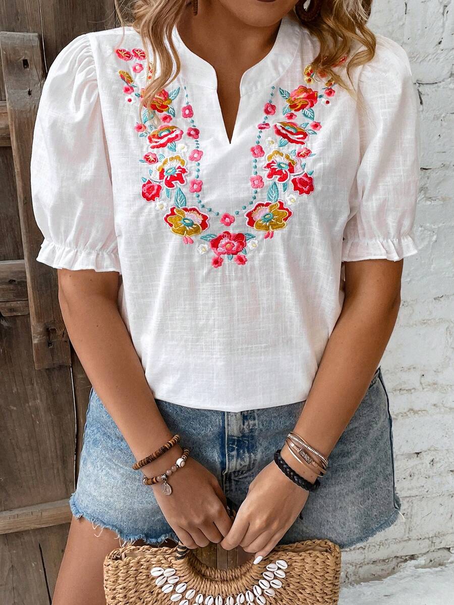 Breezaya Áo cánh Boho cổ khoét hoa cỡ lớn mùa hè - trắng - Xem 1