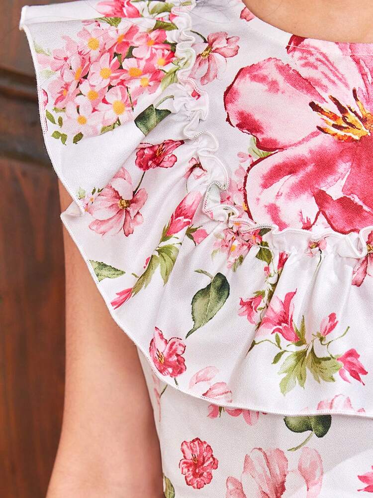 Tween Girls' Floral Printed Sleeveless Shirt With Ruffled Collar And Backless Design & Ruffle Trim Skirt Two Pieces Set