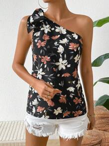 SHEIN VCAY Women'S Casual Floral Print One Shoulder Top With Elegant Style