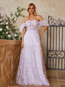 SHEIN Belle Women's Off Shoulder Embroidered Evening Dress - Mauve Purple - View 4