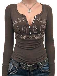 SHEIN Unity Ladies' Street Style Casual Letter Printed T-Shirt - Brown - View 1