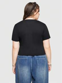 ROMWE Street Life Plus Size Sporty Slogan Print Tight Crop Top - Black - View 6