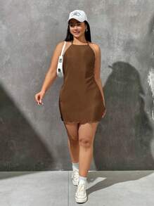 SHEIN EZwear Plus Size Halterneck Backless Dress - Brown - View 1