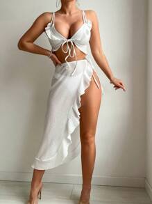 SHEIN Swim Knot Front Hem Trimmed Cami Top And Skirt Cover Up Set Summer - White - View 7