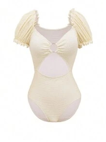 Swim Chiccia Của phụ nữ Xu hướng: Cắt giảm Ống tay áo Áo tắm một mảnh - Màu be - Xem 6