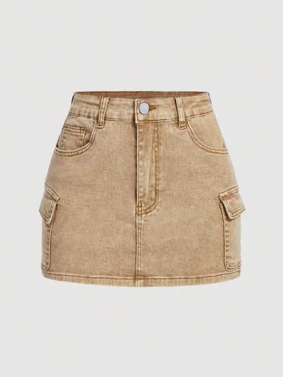 SHEIN MOD Women'S Denim Skirt With Flap Pockets