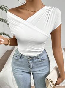 Firerie 女士純色不對稱領巾包裝t恤 - 白色 - 查看 7