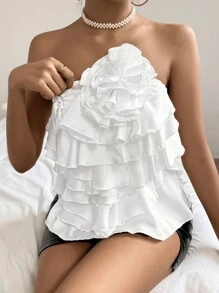 SHEIN Privé 女性3d花裝飾分層荷葉邊無肩帶上衣 - 米色 - 查看 5