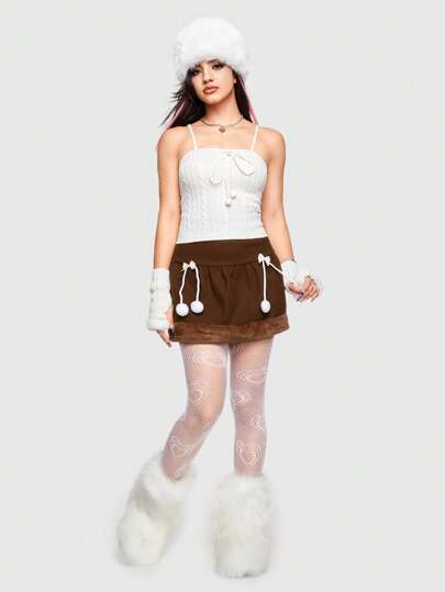 Kawaii Women's Patchwork Skirt With Pompom Detail