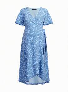 SHEIN 孕婦愛印花裹身領帶連身裙 - 藍色 - 查看 5