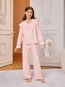 少女粉色長褲和長袖休閒兩件套家居服 - 粉色 - 查看 5