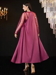 Modelyn Bộ áo khoác lưới dài tay đính sequin và váy hai dây cho nữ Bộ 2 món - Đỏ - Xem 2