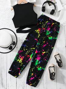 Sparklyn Tween Girl Cut Out Tank Top & Splash Ink Print Pants - Multicolor - View 2