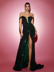 LOVE&LEMONADE Off-Shoulder Sparkly Green Dress - Green - View 5