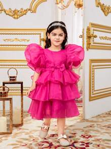 SHEIN Leap Crew Young Girls' Casual Ruffle Hem A-Line Dress - Hot Pink - View 3