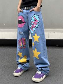 Manfinity Roghcode Men's Distressed Jeans With Lips, Stars, And Letter Print, Graphic Wide Jeans Long Baggy Royal Blue Cartoon Washed Cargo Jeans, For Husband, Boyfriend Gifts - Blue - View 7