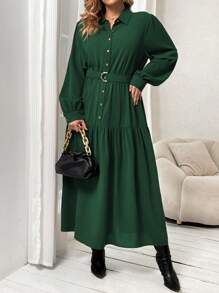 SHEIN Franclia 大碼燈籠袖荷葉邊腰帶襯衫洋裝