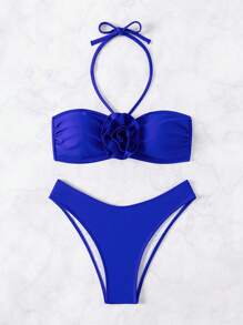 SHEIN Swim Conjunto de bikini separado con decoración floral y cuello de halter para damas, ideal para playa de verano
