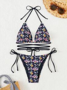 SHEIN Swim Women's Floral Printed Halter Neck Tie Bikini Set Music Festival Summer Beach