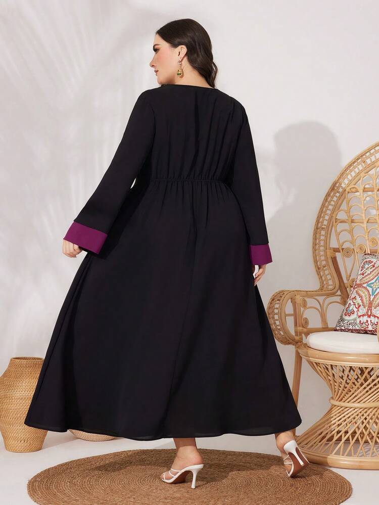 Women's Plus Size Floral Embroidery Flared Sleeve Arabian Clothing Kaftan Jalabiya Dress