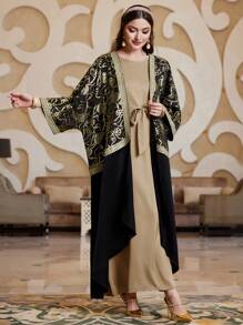 Al Najma Women's Sleeveless Belted Dress + Batwing Sleeve Asymmetric Hem Coat Kaftan 2pcs/Set, Elegant Luxury Evening Party Style 2 Piece Set - Multicolor - View 4