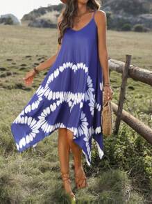 SHEIN LUNE Tie-Dye V-Neck Spaghetti Strap Dress - Blue - View 3