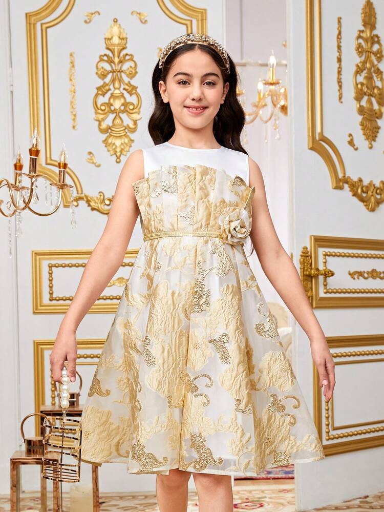 Tween Girls' Casual Round Neck Sleeveless 3d Floral Print Dress