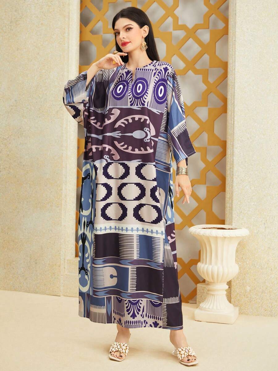 Al Najma Random Print Batwing Sleeve Dress - Multicolor - View 1
