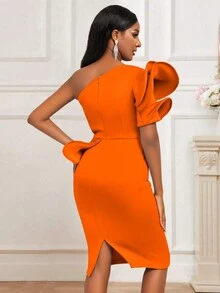 單肩誇張荷葉邊後背開衩緊身連衣裙 - 橘色 - 查看 2