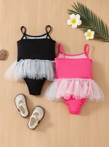 SHEIN Young Girls' Mesh Swan Printed 2pcs Bodysuit Set