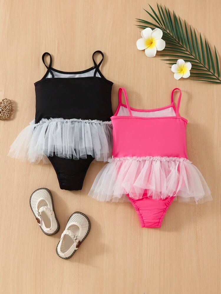 Young Girls' Mesh Swan Printed 2pcs Bodysuit Set