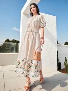 Seusyu Bộ áo và chân váy in hoa tay loe cho nữ 2 món - Màu be - Xem 5