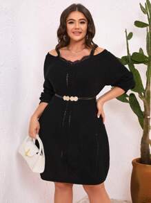 SHEIN Unity Vestido De Suéter De Talla Grande Con Hombros Descubiertos Y Encaje De Patchwork Para Mujeres - Negro - Ver 1