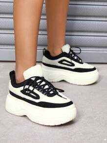 SheIn ICON 女士黑白運動厚底運動鞋，冬季保暖內裡，輕便舒適，適用於約會、學校、街頭和戶外運動休閒鞋 - 黑與白 - 查看 5