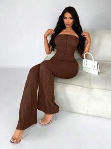 SHEIN SXY Commute Minimalist Office Simple Satin Sexy Elegant Party Top & Long Pants Set - Brown - View 4