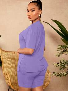 SHEIN SXY Quý cô Chất rắn Đồ đan Ribbed Bộ - Màu tím hoa cà - Xem 2