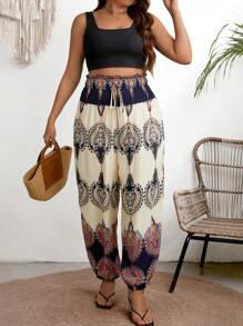 Breezaya 大尺碼女士花卉印花收縮腰褲 - 杏色 - 查看 6