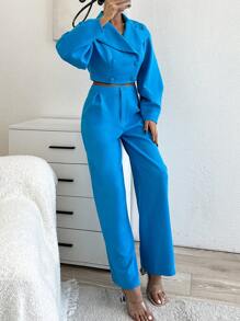 RueChic Ladies' Peak Collar Double Breasted Suit Set - Blue - View 6