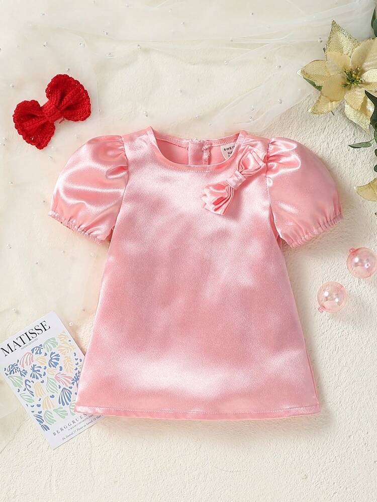 Baby Girl Short Bubble Sleeve Dress With Bow Decoration