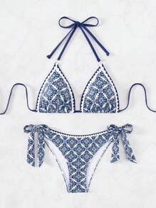 SHEIN Swim Conjunto de bikini con estampado total para playa de verano