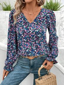 SHEIN Frenchy Floral Print Patchwork Lace Shirt - Pink - View 4