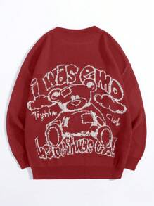 SHEIN Unity 卡通熊&標語圖案寬鬆長袖毛衣 - 酒紅色 - 查看 2