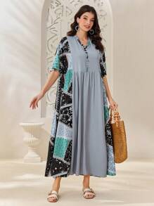 Seusyu 女款拼接印花阿拉伯娃娃圖案洋裝 - 藍色 - 查看 1