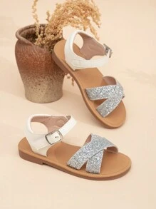 Sandalias planas de moda para niñas con diseño de purpurina con cierre de gancho y bucle y hebilla - Plateado - Ver 4