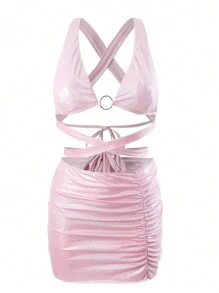 SHEIN Swim Women's Metallic Back Cross Cut Out Two-Piece Bikini Set Summer Beach