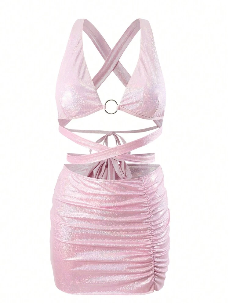 Women's Metallic Back Cross Cut Out Two-Piece Bikini Set Summer Beach