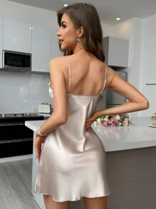 SilkySpell Lace Embellished Neckline With Side Split Cami Sleep Dress Pajama Dress Luxeloungewear