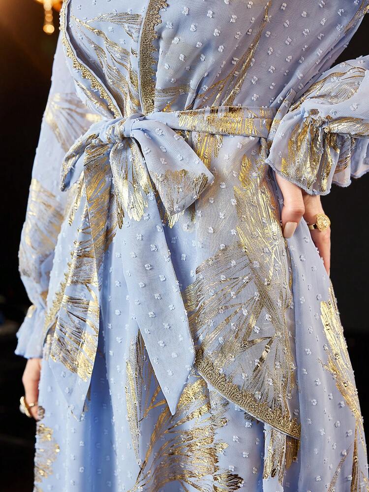 Women'S Long Sleeve Dress With Foiled Botanical Pattern Long Evening Dresses Fall Cloth For Women