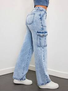 SHEIN ICON Của phụ nữ Eo thấp Quần legging thẳng Với Nhiều Túi , Acid Denim mùa giặt - Rửa trung bình - Xem 3