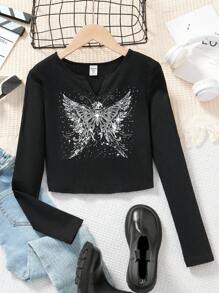 Tween Girl 针织纯色蝴蝶图案缺口 V 领休闲 T 恤 - 黑色 - 查看 1